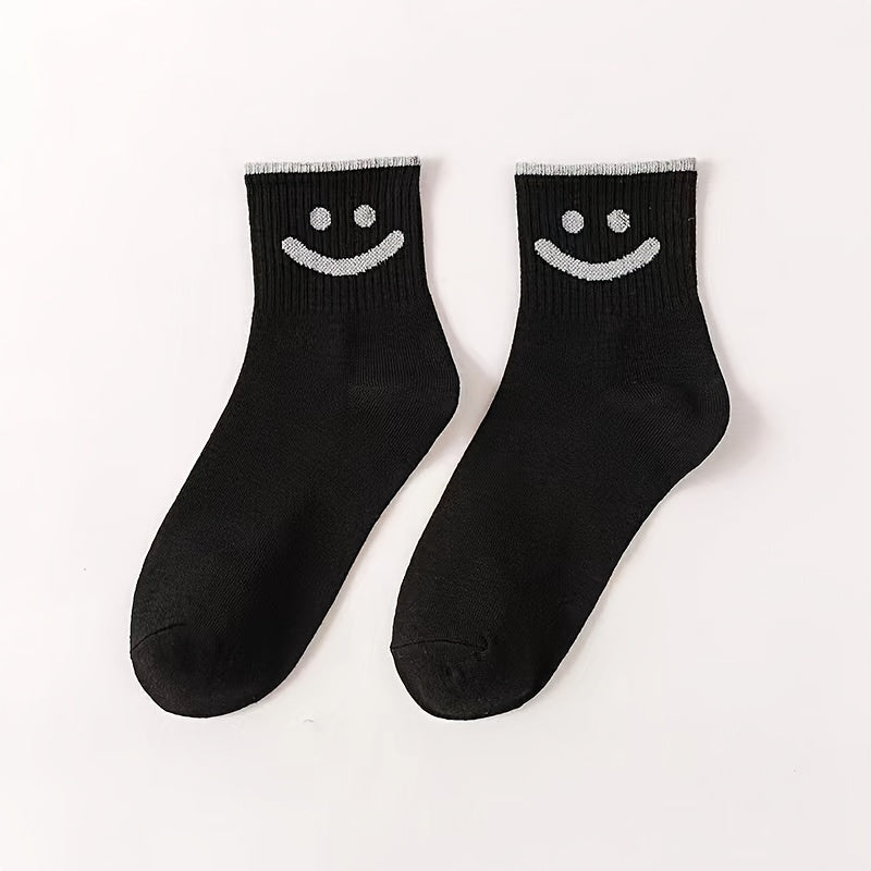 5 Pairs Smiling Face Socks, Thermal & Comfortable Casual Mid Tube Socks