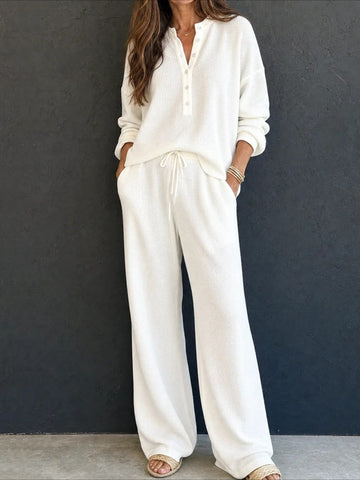 Waffle Knit Button Detail Top and Pants Set