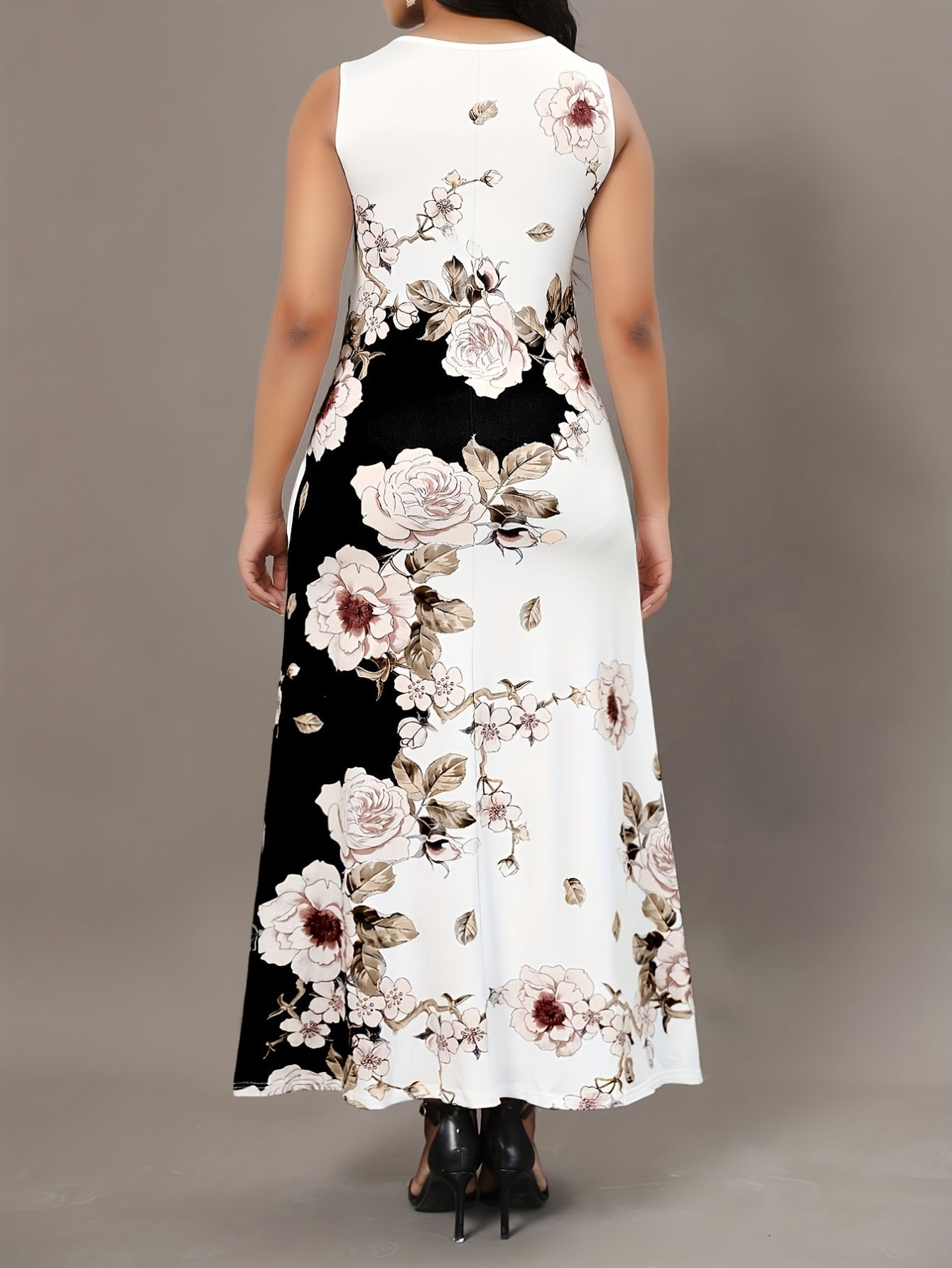 Casual Tank Dress, Colorblock Floral Print Cut Out Round Neck Medium Stretch Maxi Tank Dress