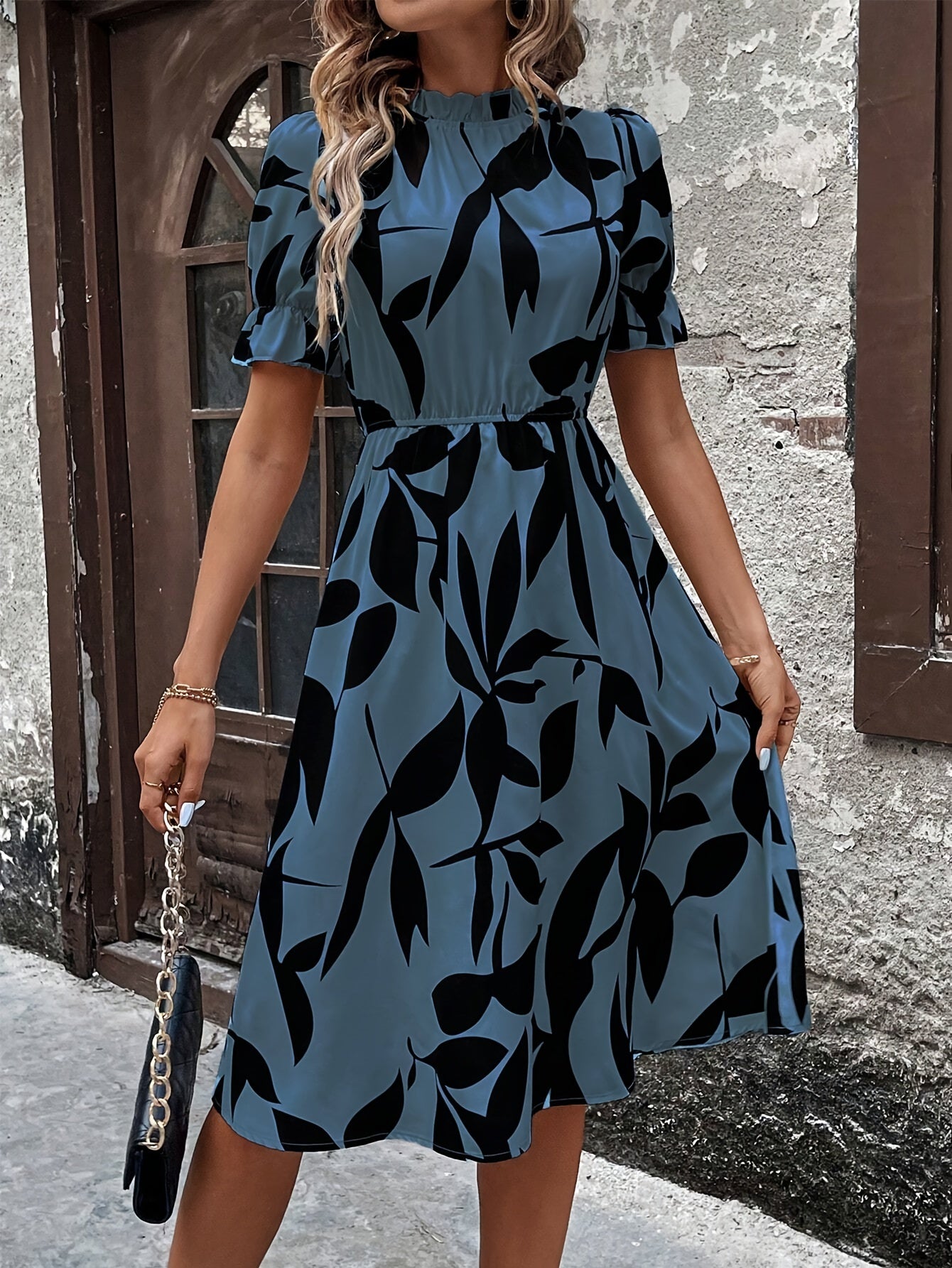 Leaf Print Mock Neck Dress, Elegant Short Sleeve Ruffle Cuff Back Keyhole A-line Dress