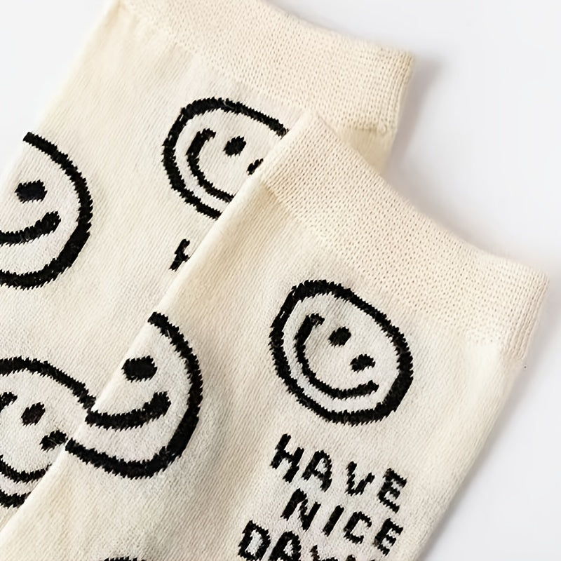 5 Pairs Happy Face Crew Socks, Cartoon Cat Breathable Cotton Mid Tube Socks