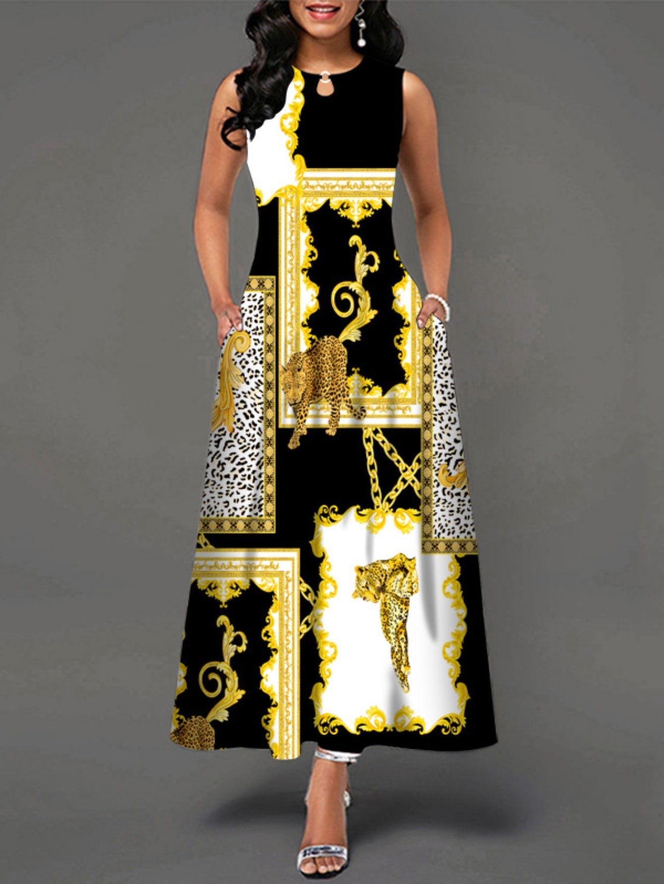 Casual Tank Dress, Colorblock Floral Print Cut Out Round Neck Medium Stretch Maxi Tank Dress