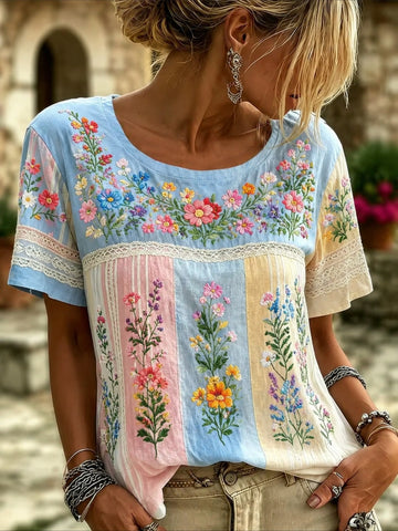 Floral Print Short Sleeve Crew Neck Top with Patchwork Blouse Style