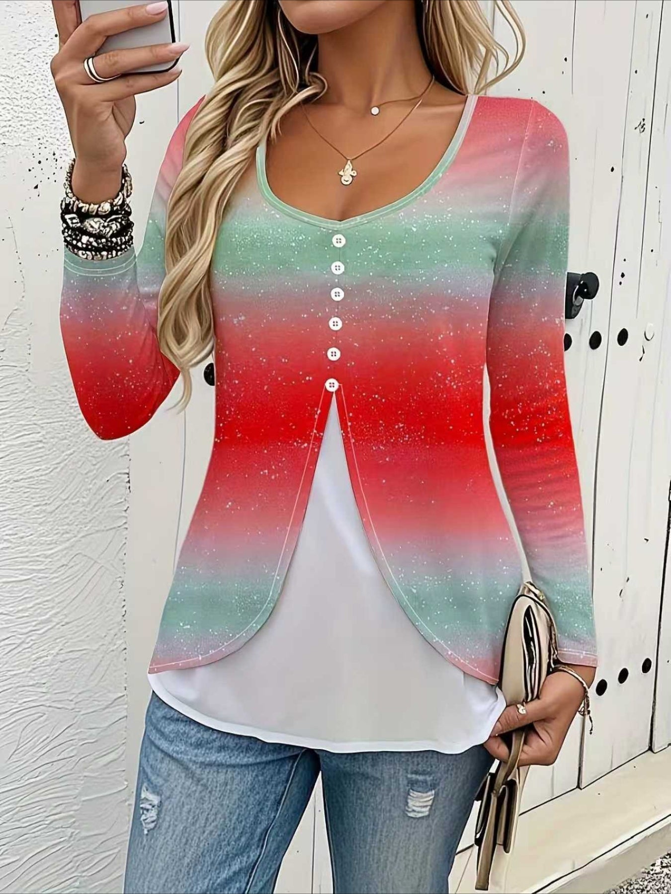 Elegant Striped Long Sleeve Button-Up White Checkered Pattern Round Neck Checkered Pattern T-shirt