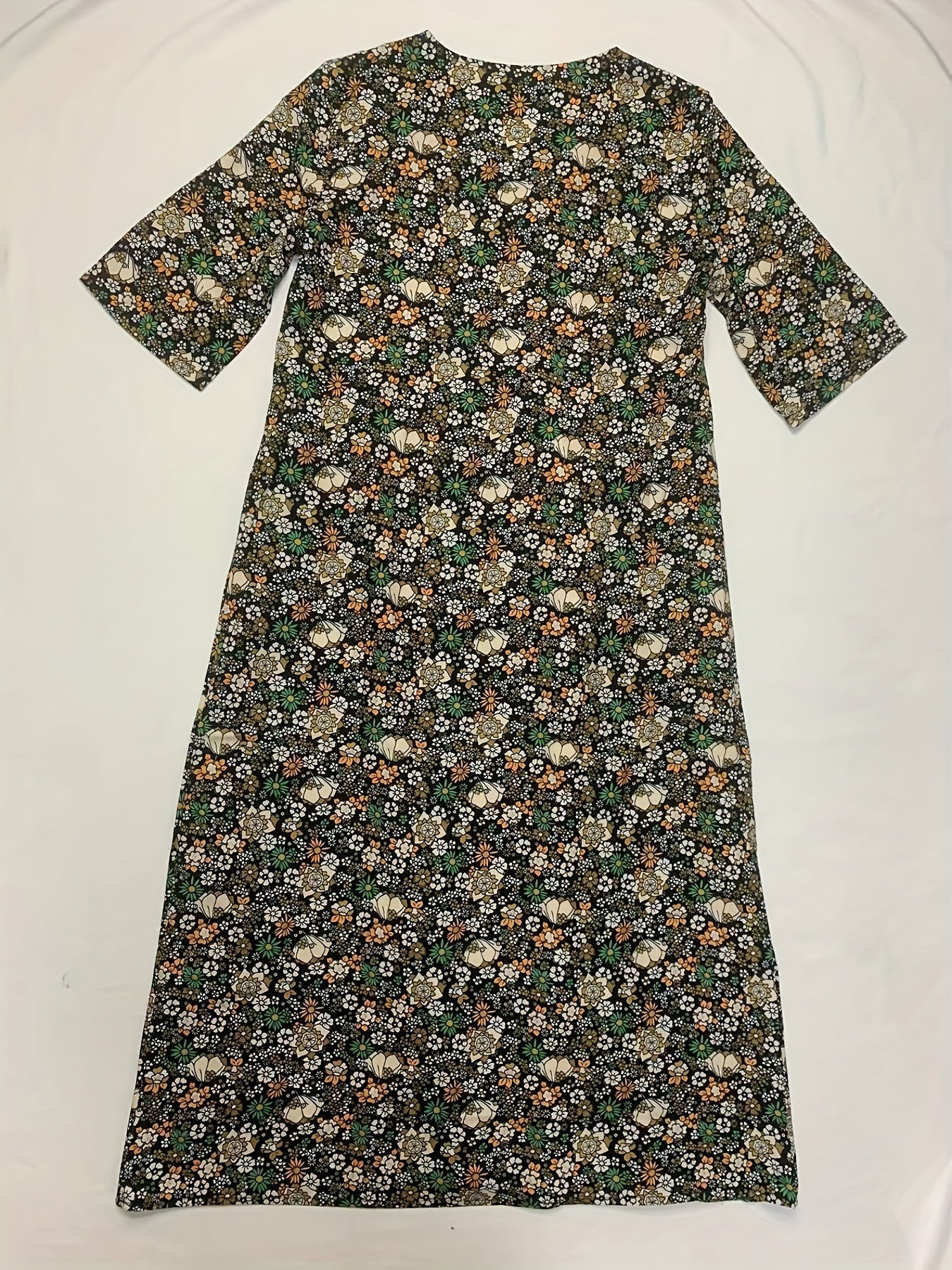 Ditsy Floral Print V Neck Dress, Casual Ruched Summer Dress With Pockets