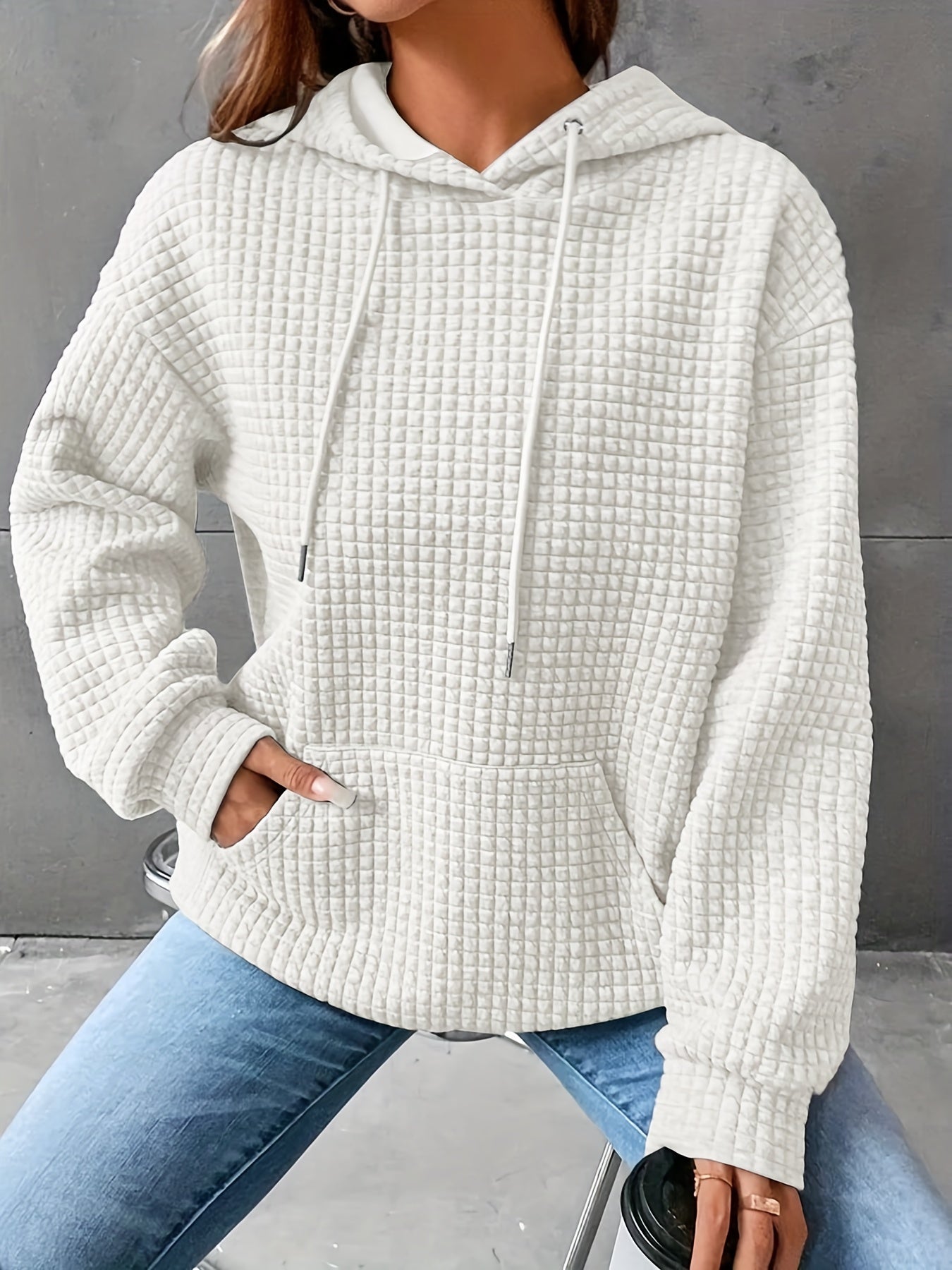 Waffle Grid Kangaroo Pocket Hoodie, Casual Long Sleeve Drawstring Hoodies Sweatshirt