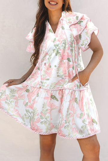 Pink Floral Contrast Edge Layered Short Sleeve Mini Dress