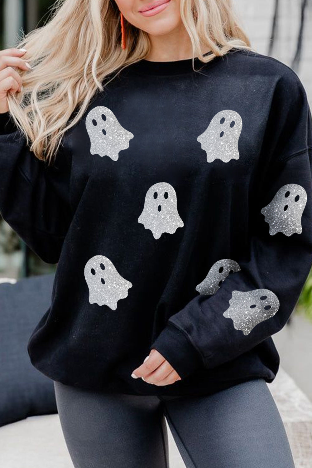 Black Glitter Ghost Pattern Crew Neck Halloween Sweatshirt