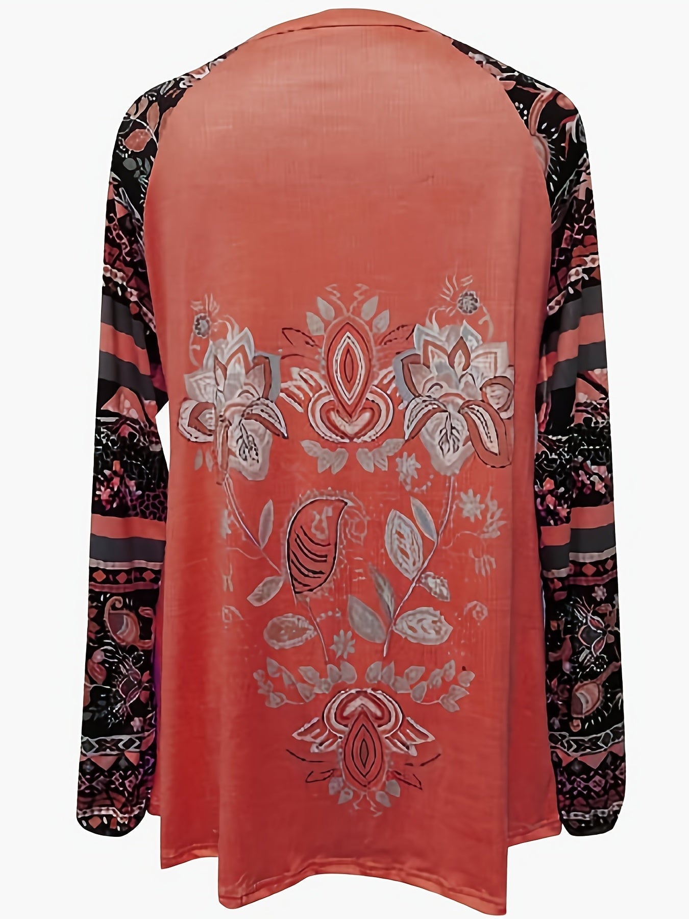 Paisley Print Long Sleeve T-shirt, Women's Slight Stretch V Neck Casual Pullover Top