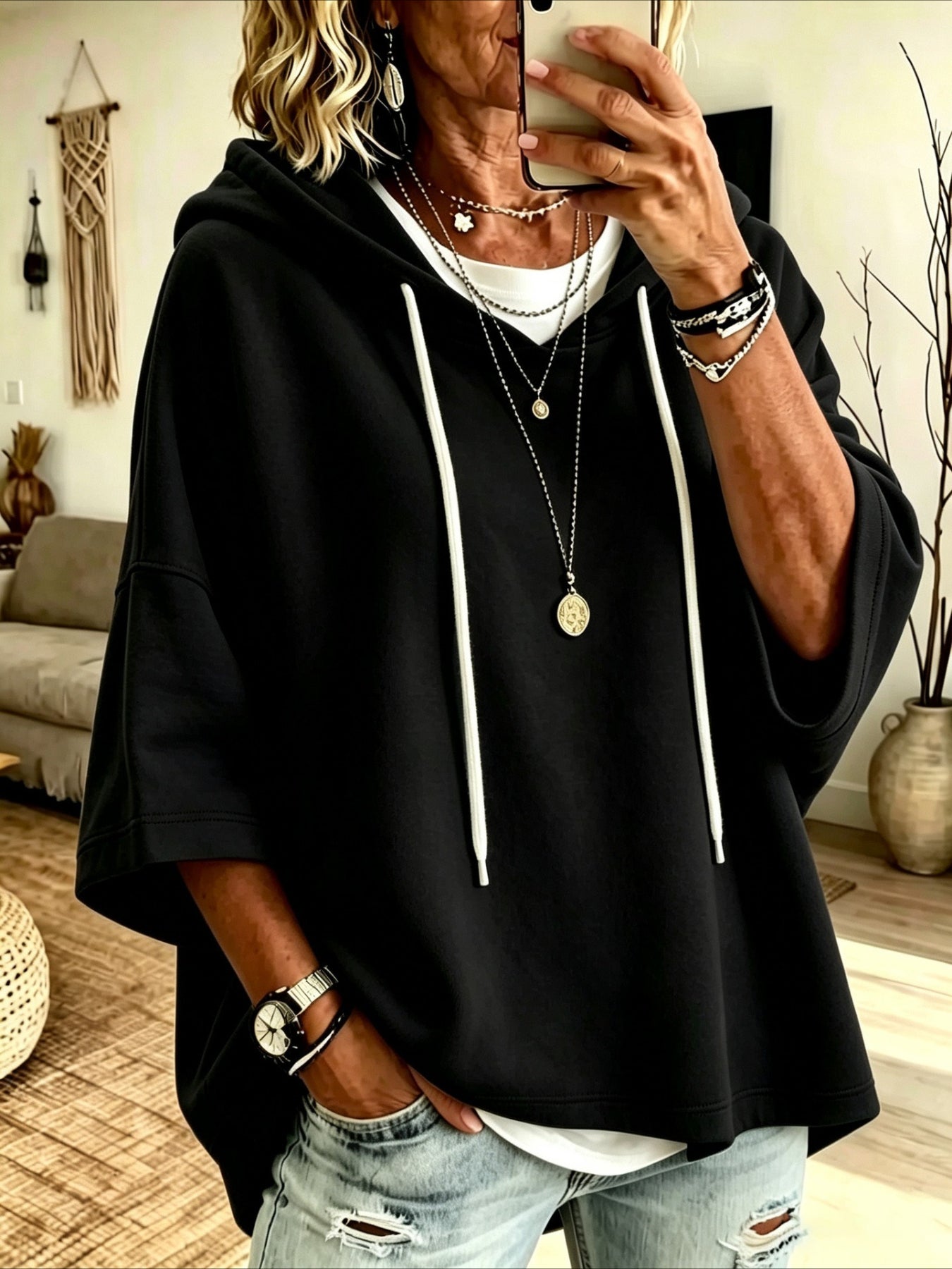 Seven-quarter Sleeves Solid Color Casual Hooded Sweatshirt