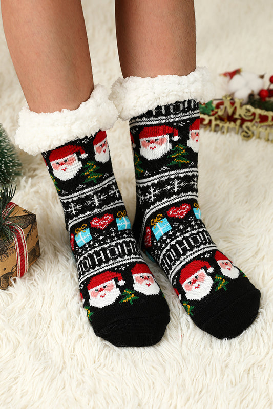 Black Cartoon Santa Claus Christmas Fleece Socks