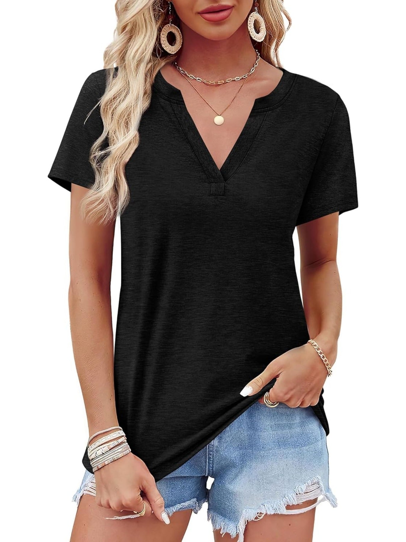 Solid Color Short Sleeve V Neck T Shirt