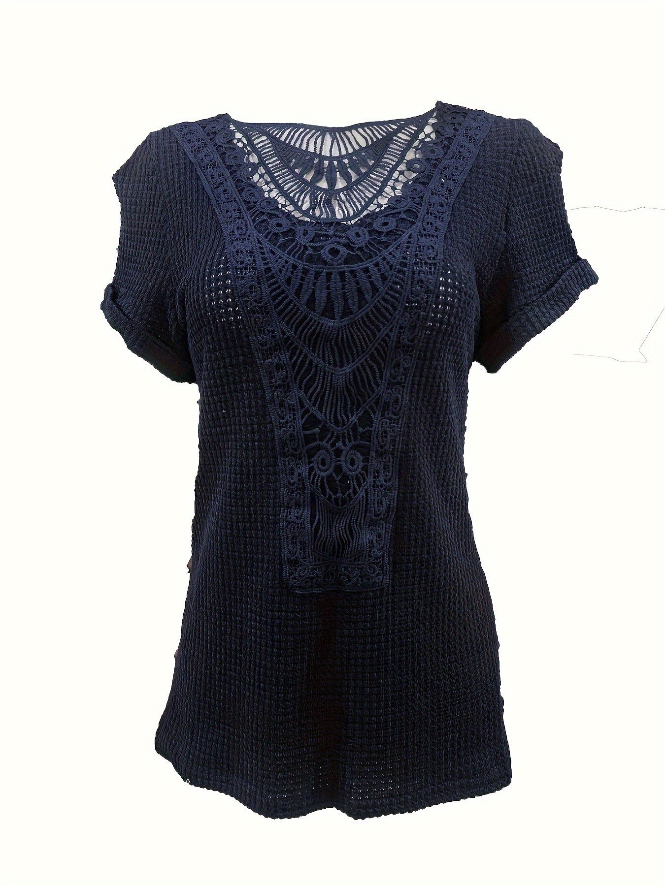 Contrast Lace Crew Neck T-Shirt, Casual Short Sleeve T-Shirt