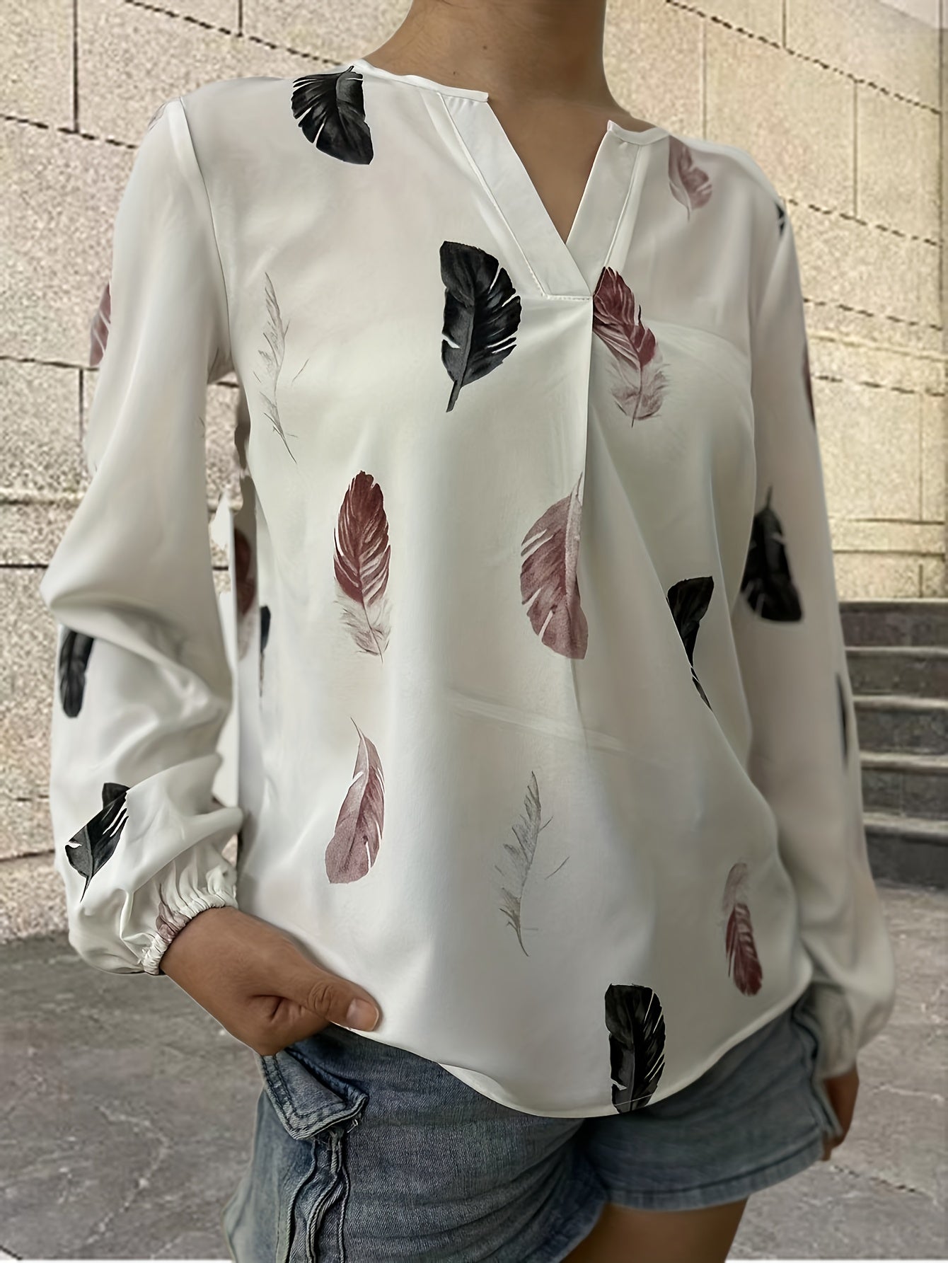 Feather Printed V-neck Loose Shirts, Casual Long Sleeve Fashion Shirts