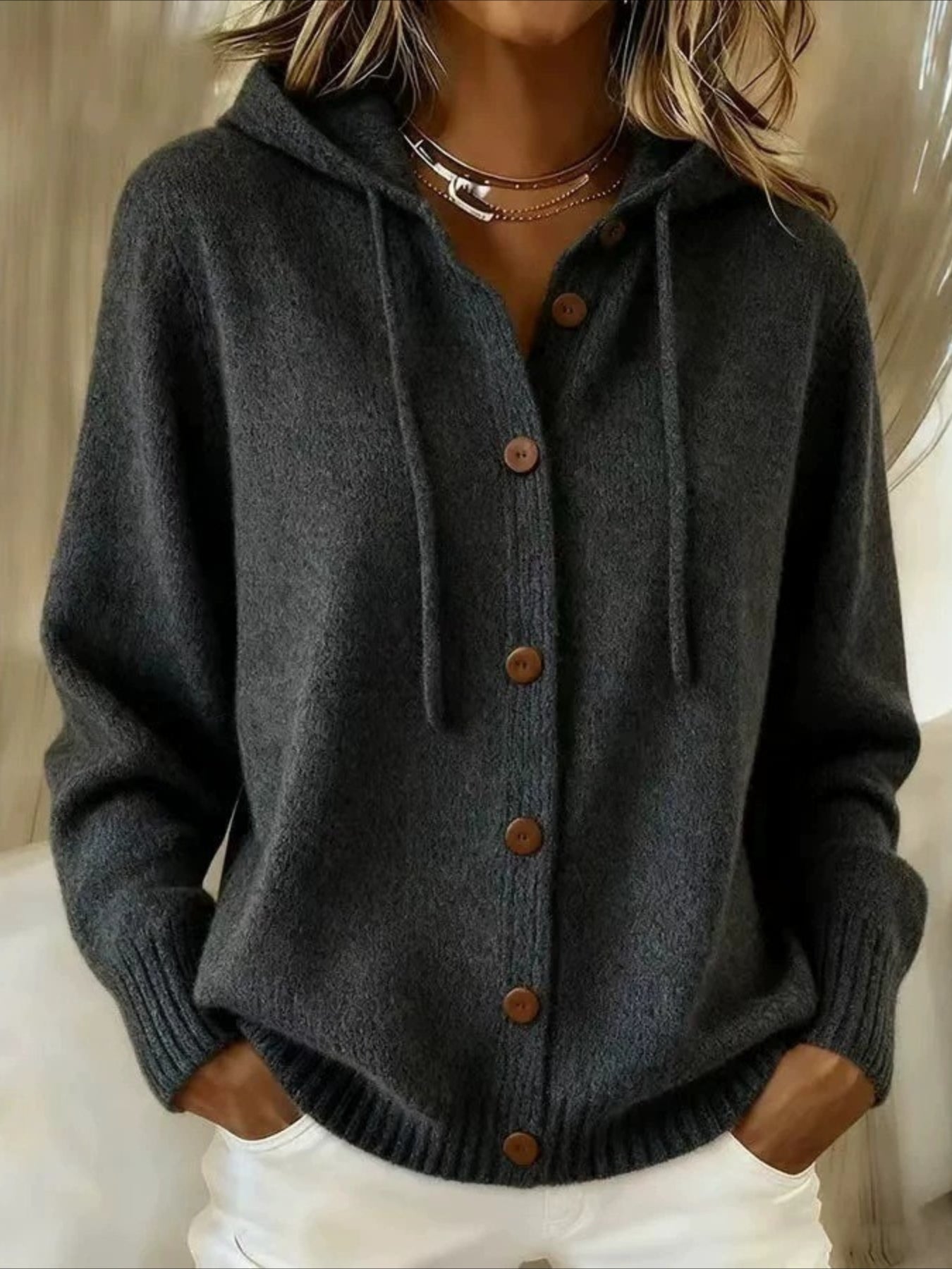 Solid Color Casual Hooded Cardigan Coat with Buttons