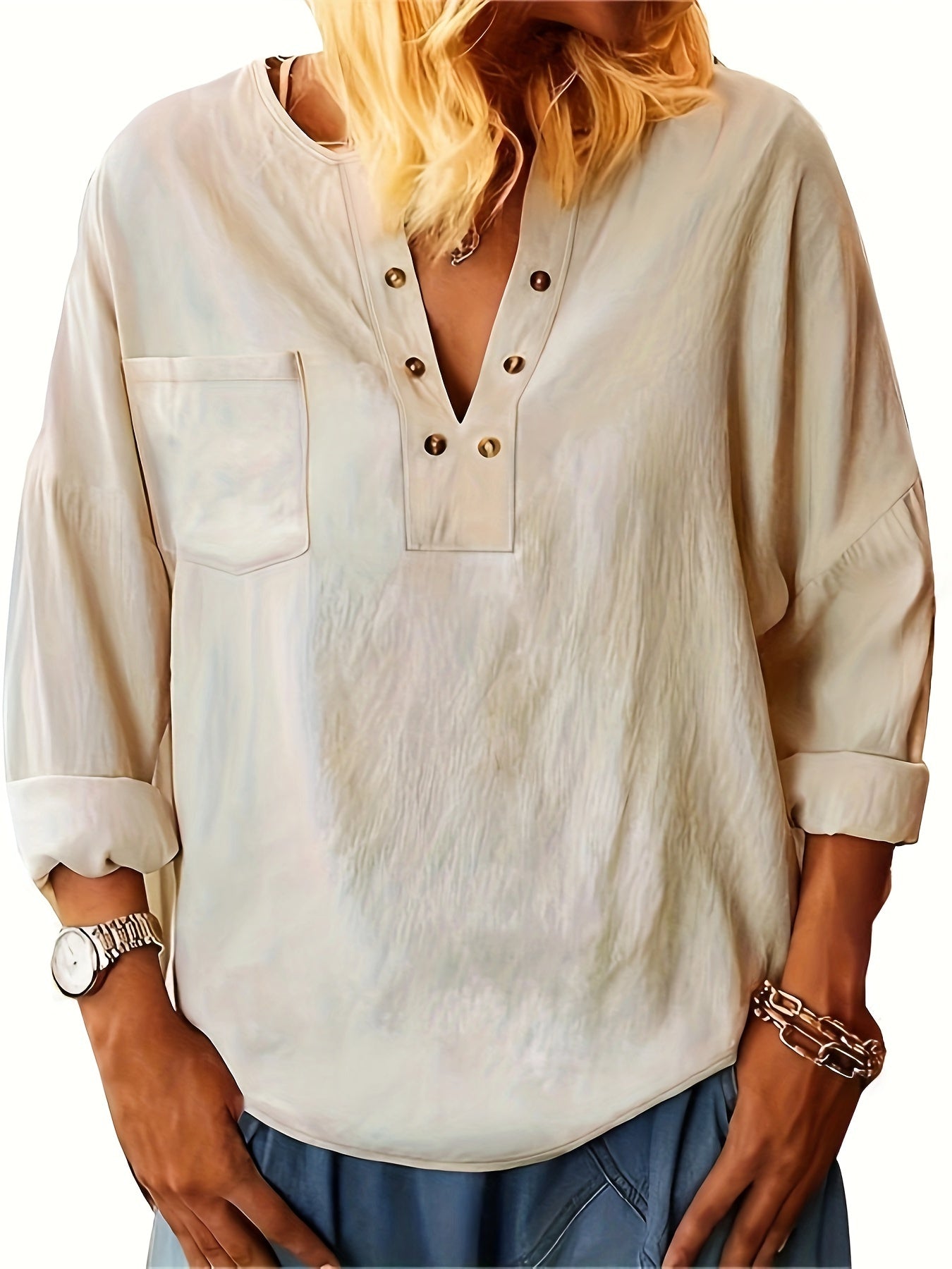 Solid Button Notched Neck Blouse, Casual Long Sleeve Loose Top With Pocket