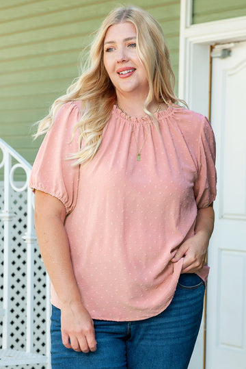 Pink Plus Size Swiss Dot Puff Sleeves Top