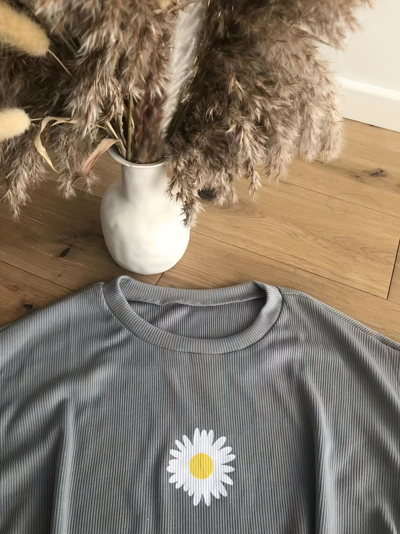 Drop Shoulder Floral Print T-Shirt, Casual Crew Neck Long Sleeve T-Shirt