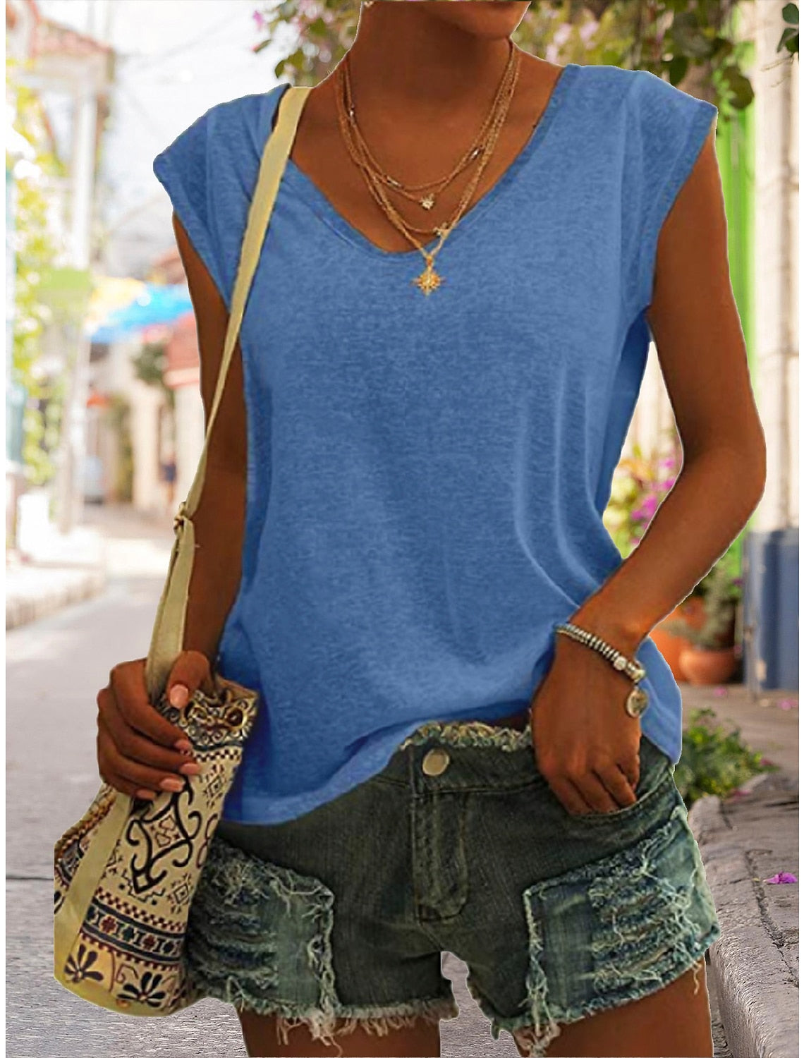 Women's Solid Color V Neck Sleeveless T-Shirt