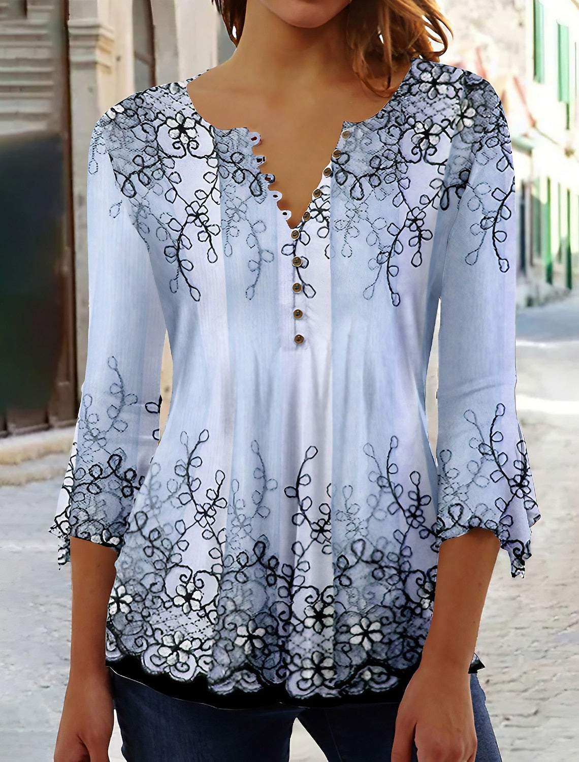 Women's Floral Button Print 3/4 Length Sleeve Casual Shirt