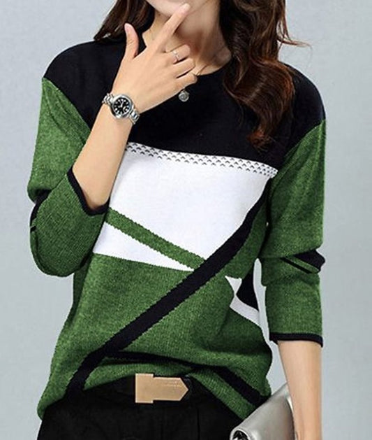 Women's Color Block Print Long Sleeve Casual Weekend Basic Round Neck T-Shirt