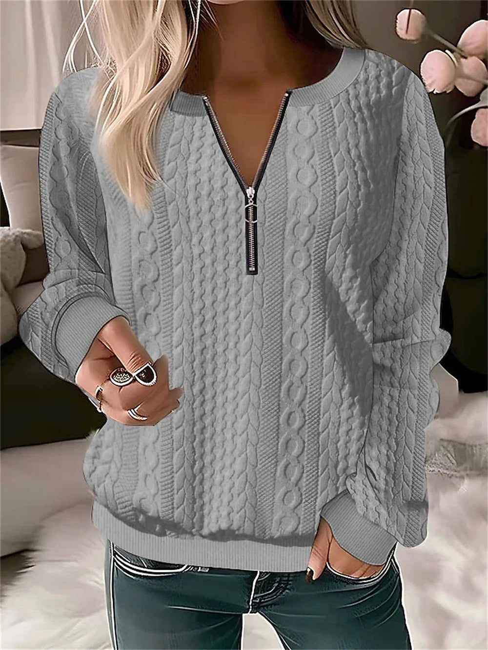 Pullover Basic Quarter Zip Solid Color Street Round Neck Long Sleeve Textured Top