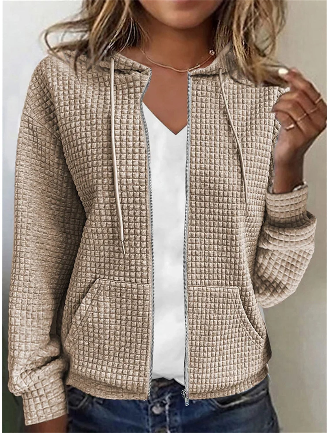 Textured Basic Zip Up Front Pocket Hoodie