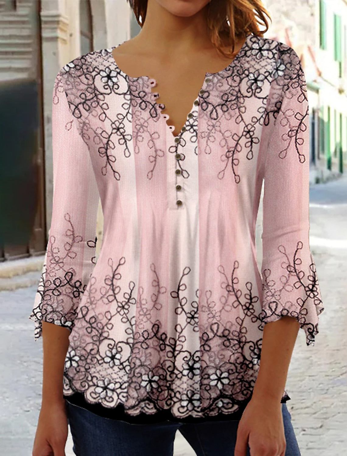 Women's Floral Button Print 3/4 Length Sleeve Casual Shirt