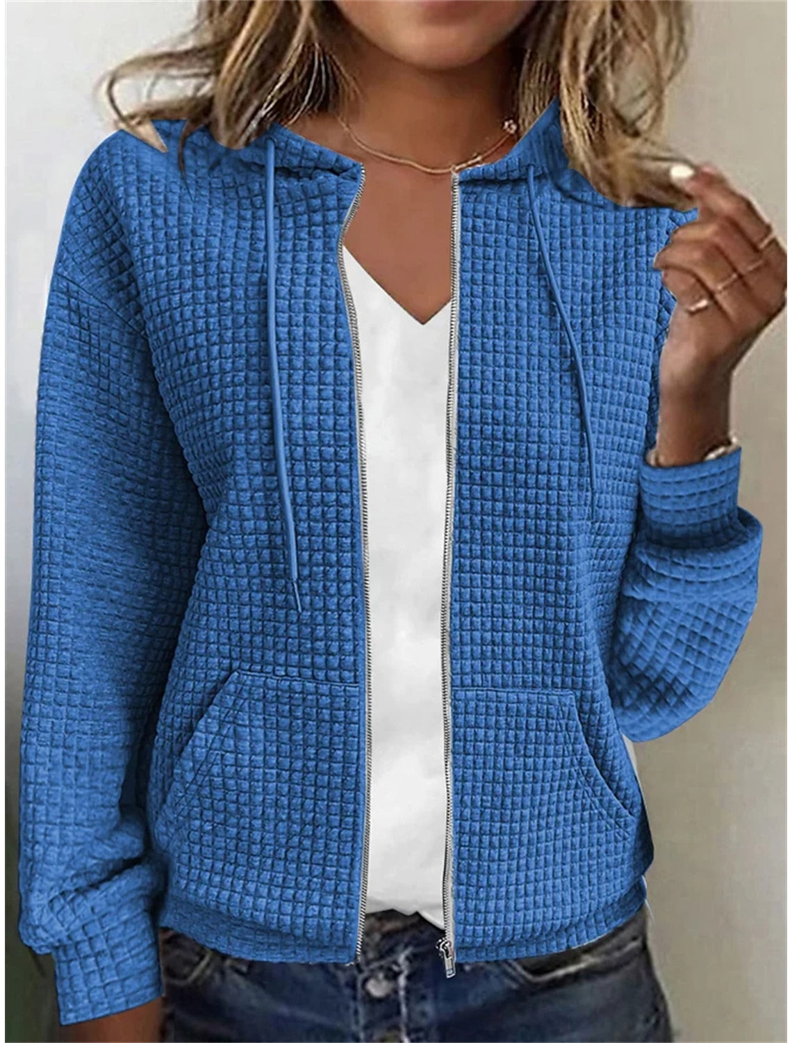 Textured Basic Zip Up Front Pocket Hoodie