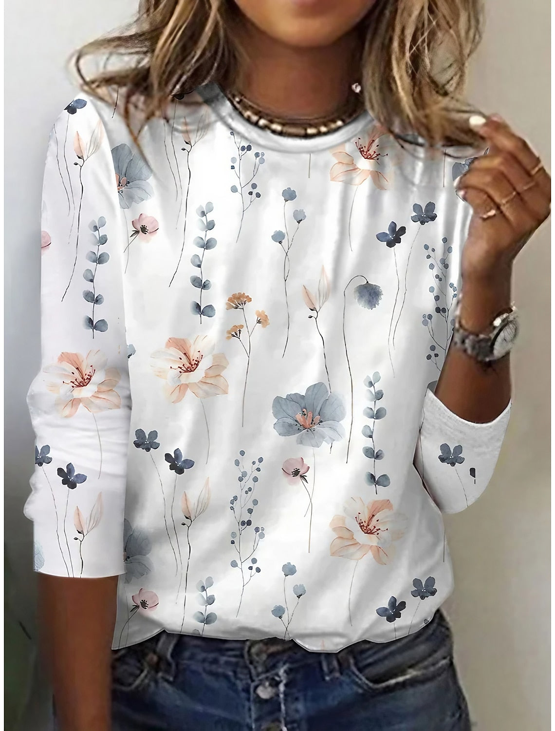 Floral Print Round Neck Long Sleeve T-Shirt