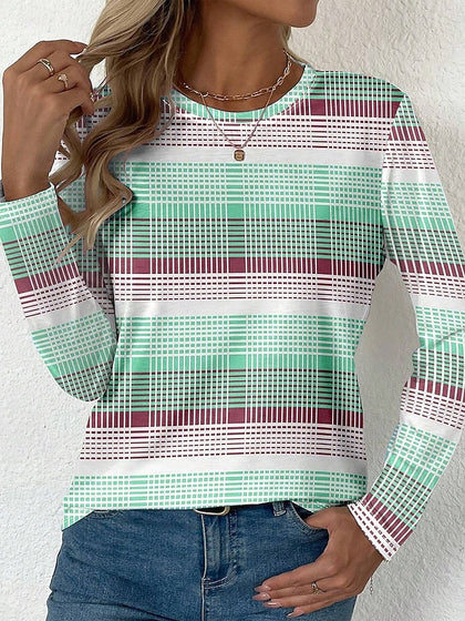 Crew Neck Long Sleeve Tunic Graphic Plaid Stylish Modern Casual Regular T-shirt