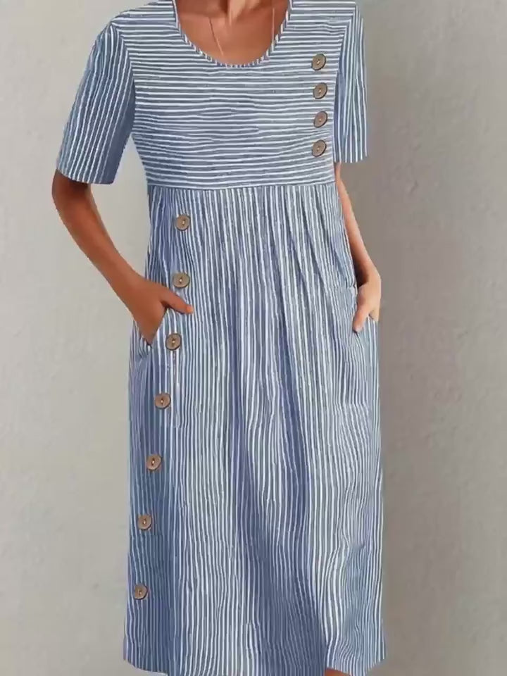 Women Striped Crew Neck Short Sleeve Comfy Casual Buckle Midi Dress