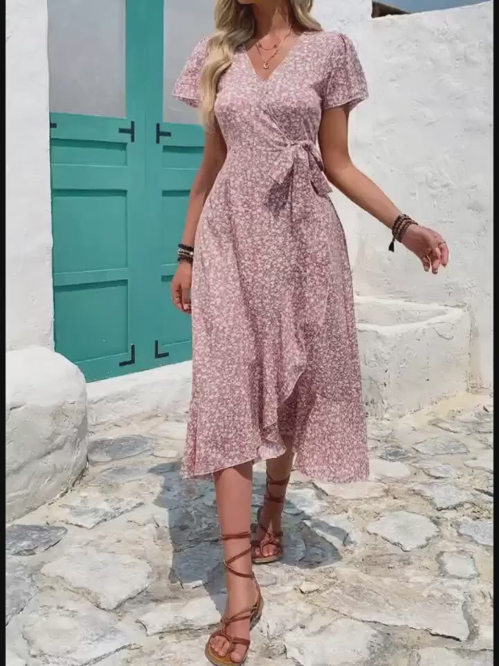 Women's Floral Print Surplice Dress with Flutter Sleeves and Ruffle Hem