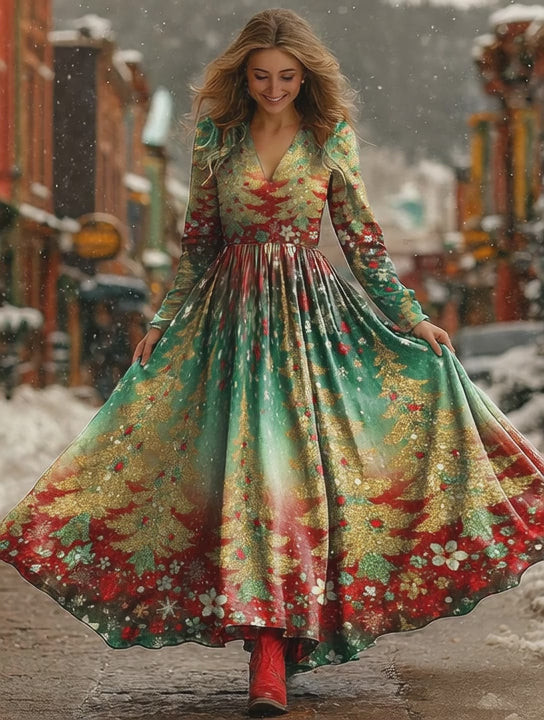 Christmas Pleated Party Long Sleeve V Neck Maxi Dress