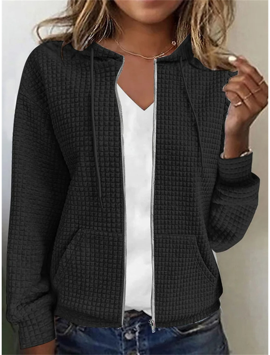 Textured Basic Zip Up Front Pocket Hoodie