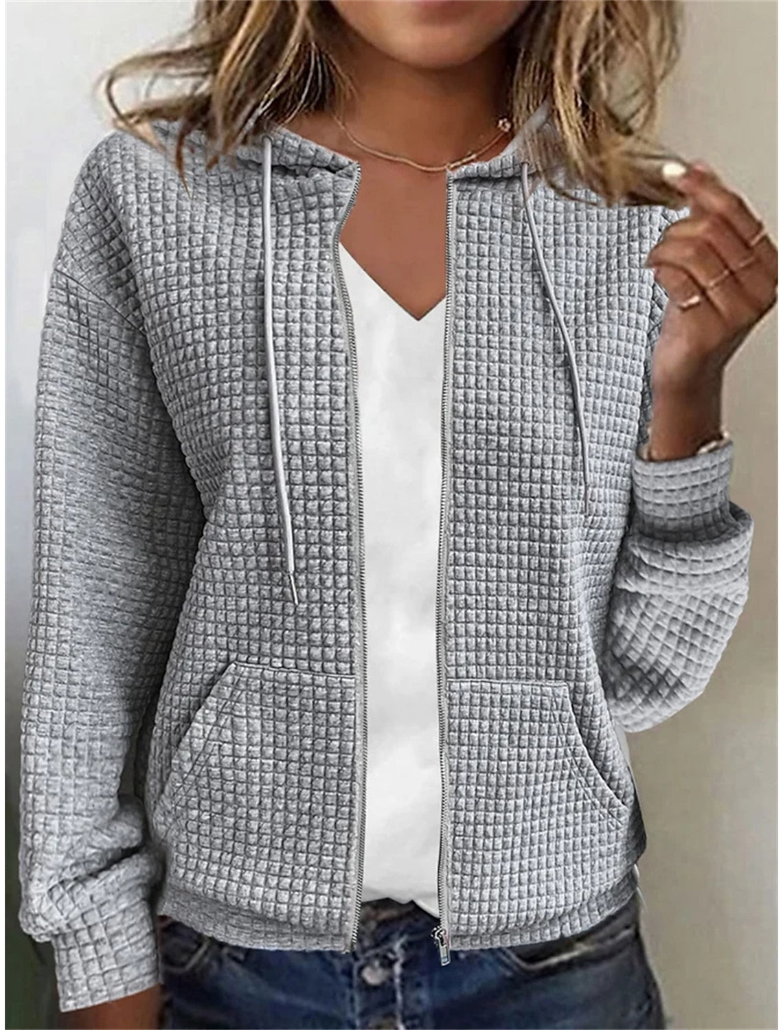 Textured Basic Zip Up Front Pocket Hoodie