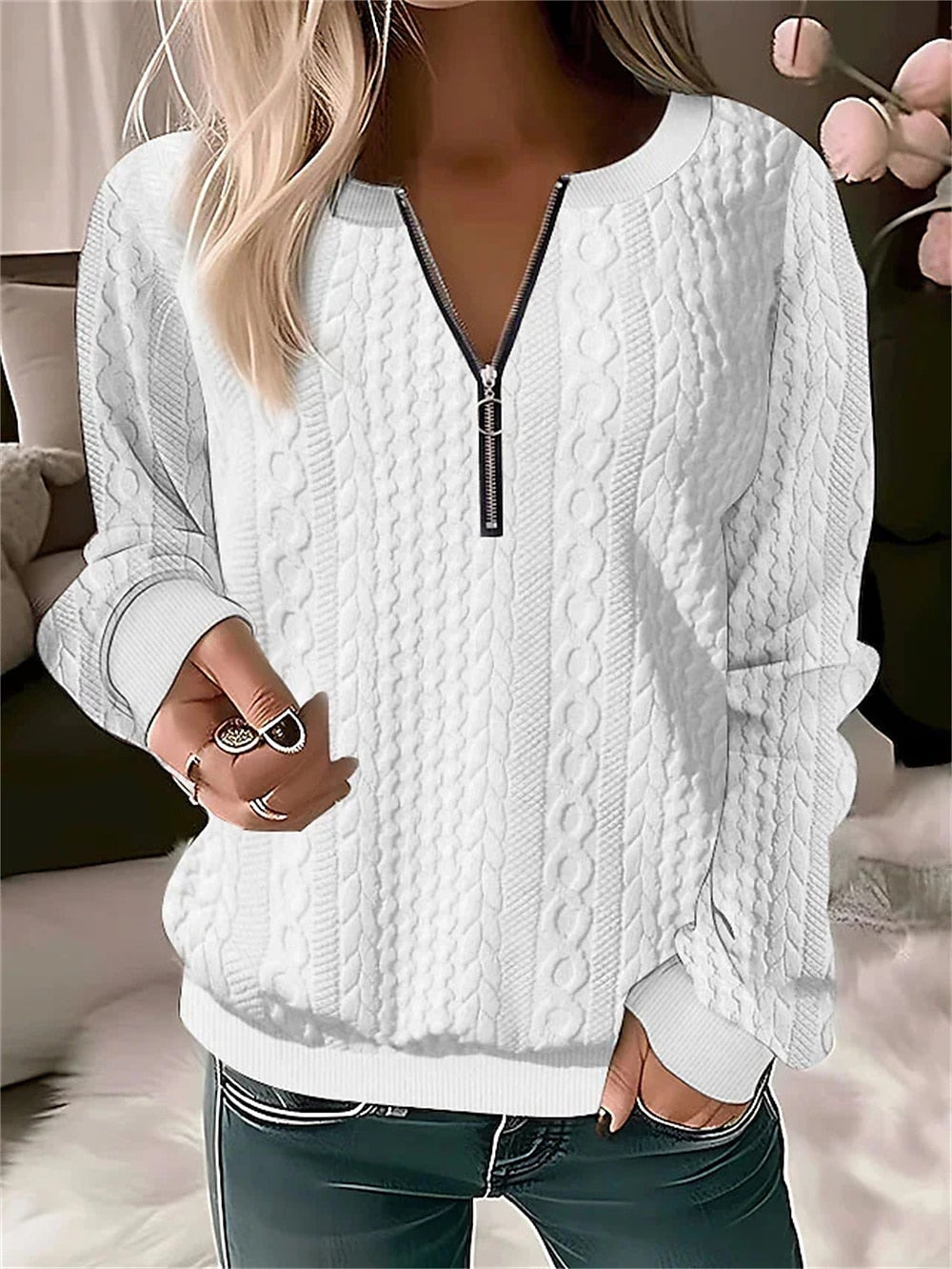 Pullover Basic Quarter Zip Solid Color Street Round Neck Long Sleeve Textured Top