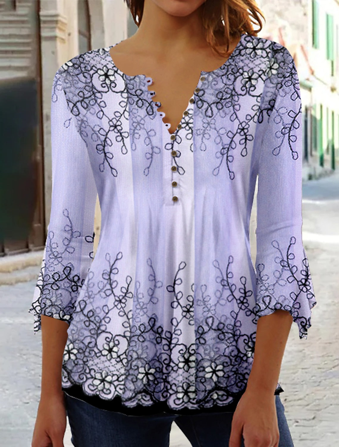 Women's Floral Button Print 3/4 Length Sleeve Casual Shirt