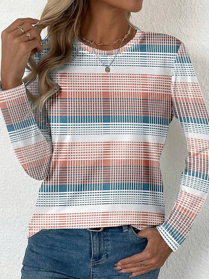 Crew Neck Long Sleeve Tunic Graphic Plaid Stylish Modern Casual Regular T-shirt