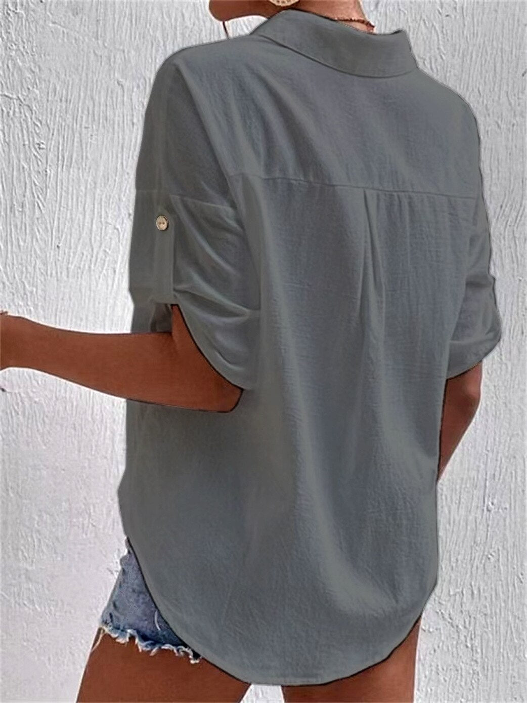 Medium Cuff Pocket Lapel Medium Length Cotton Linen Shirt