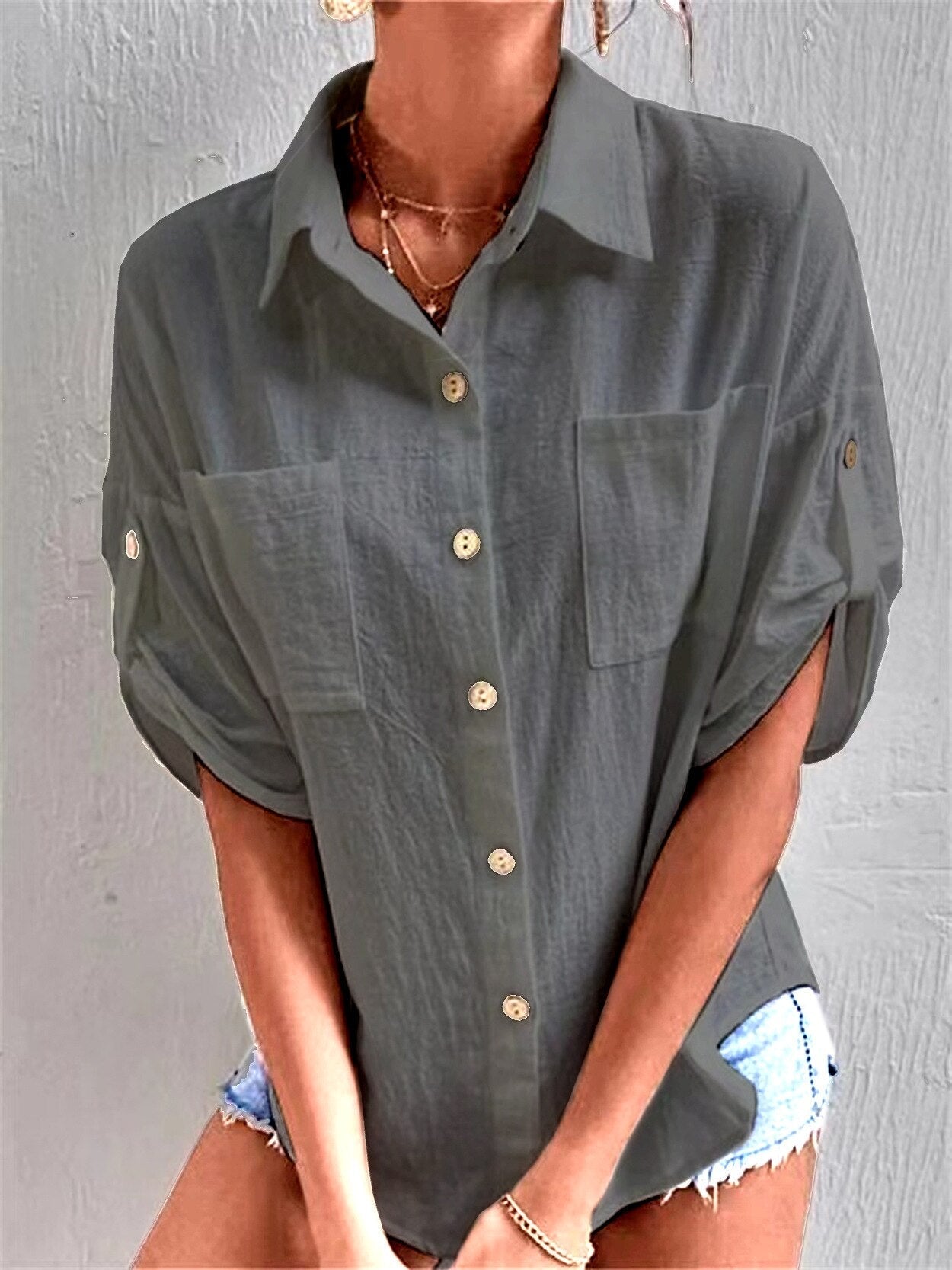 Medium Cuff Pocket Lapel Medium Length Cotton Linen Shirt