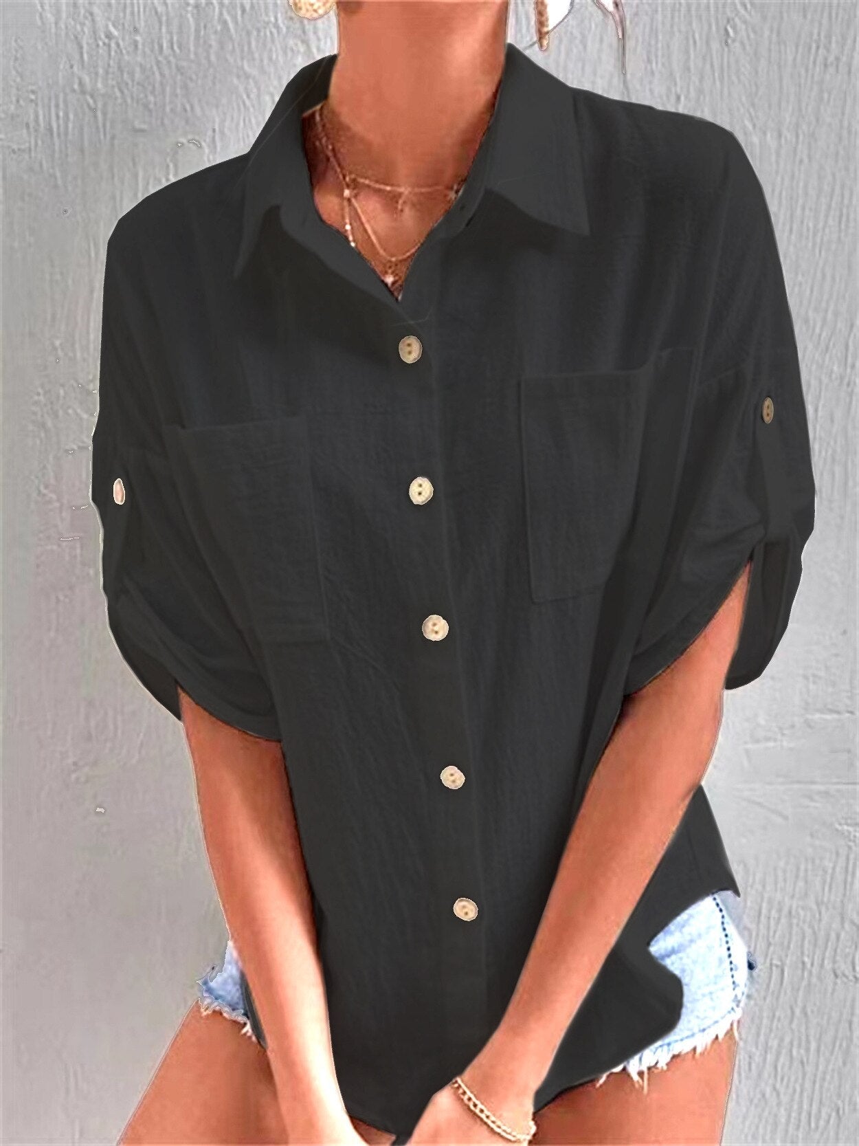 Medium Cuff Pocket Lapel Medium Length Cotton Linen Shirt