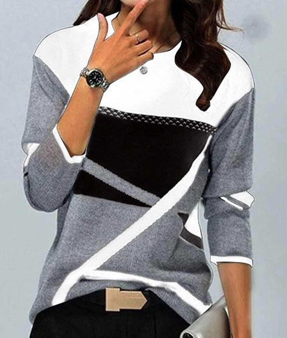 Women's Color Block Print Long Sleeve Casual Weekend Basic Round Neck T-Shirt