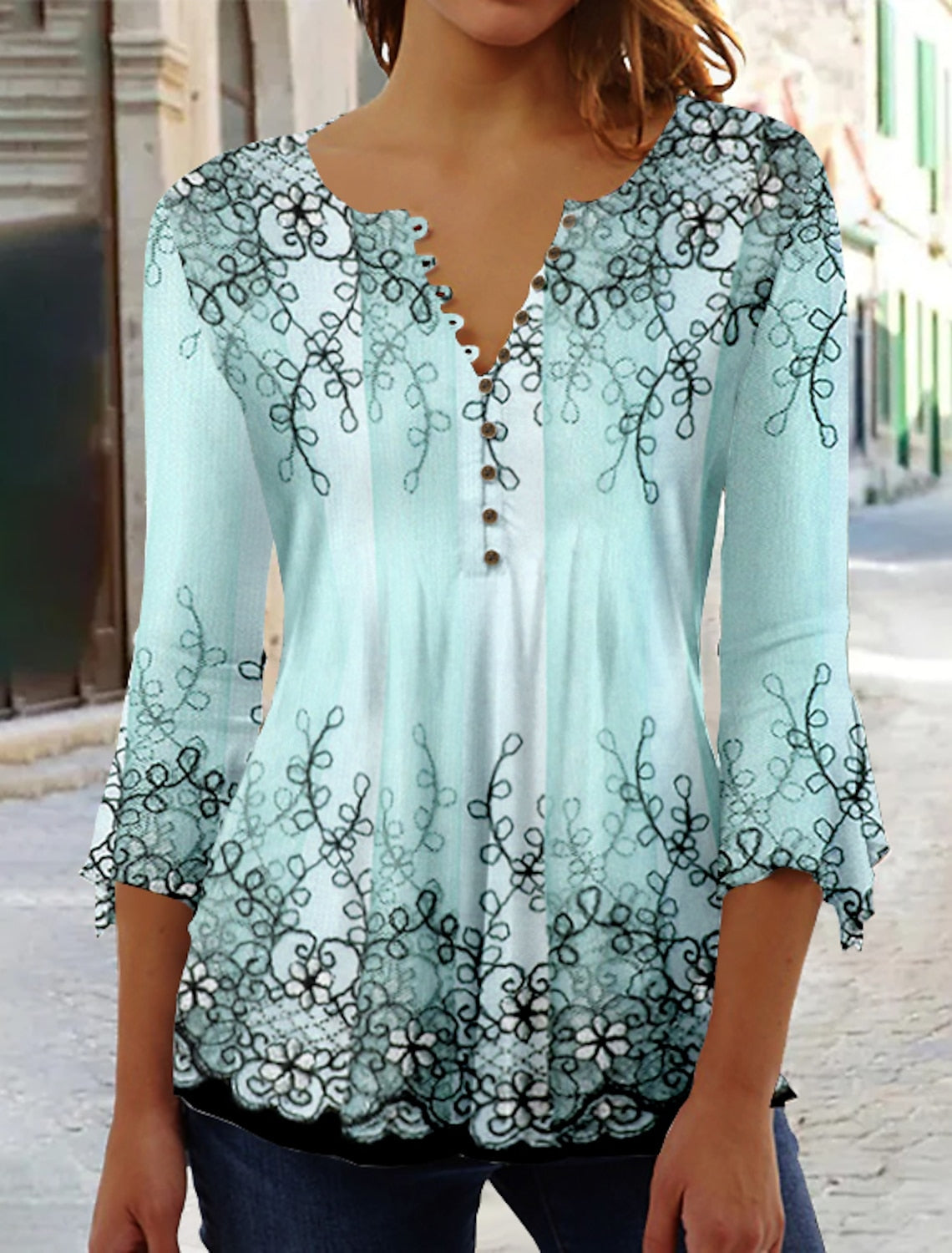 Women's Floral Button Print 3/4 Length Sleeve Casual Shirt