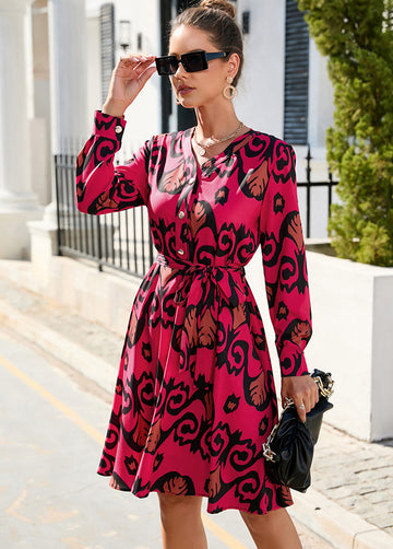 Printed Long-Sleeved Dress With Large Hemline