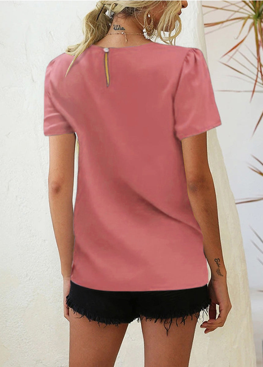 Solid Color Pleated Round Neck Short Sleeve T-shirt