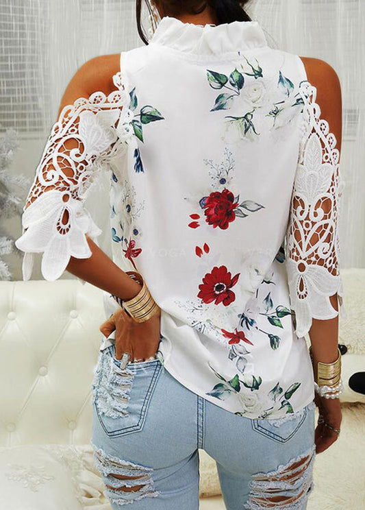 Floral Print Off-Shoulder Lace Patchwork Long Sleeve T-Shirt