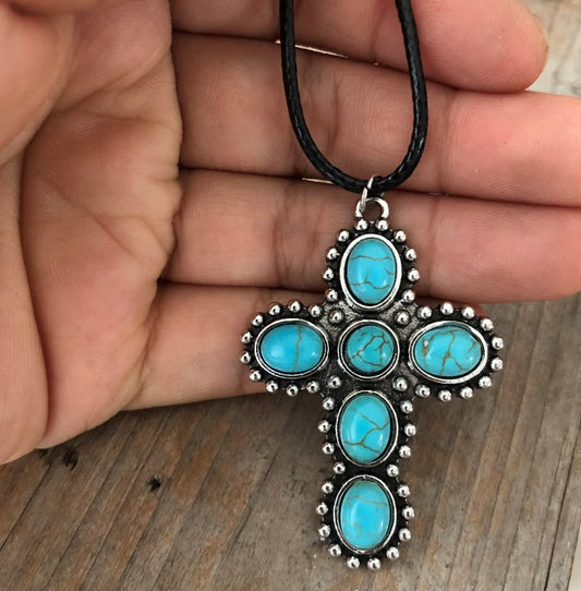 Retro turquoise cross necklace