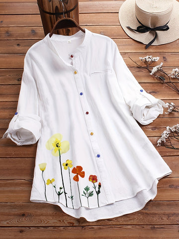 Women's Floral Print Long Sleeve Colorful Button Turn Down Collar Shirt