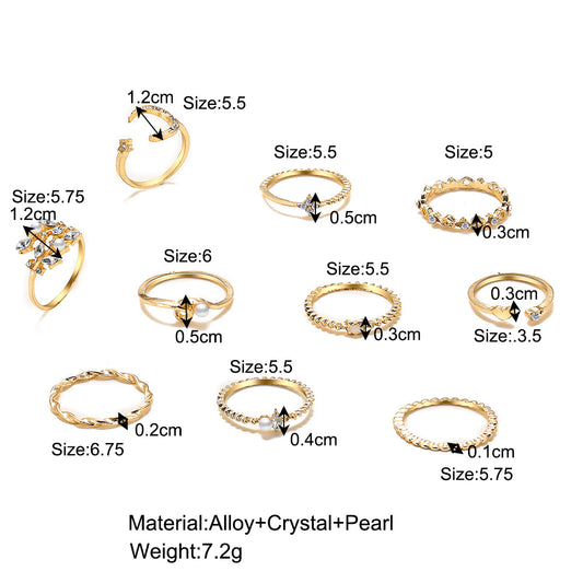 Diamond Heart Pearl Leaf 10 Piece Ring Set